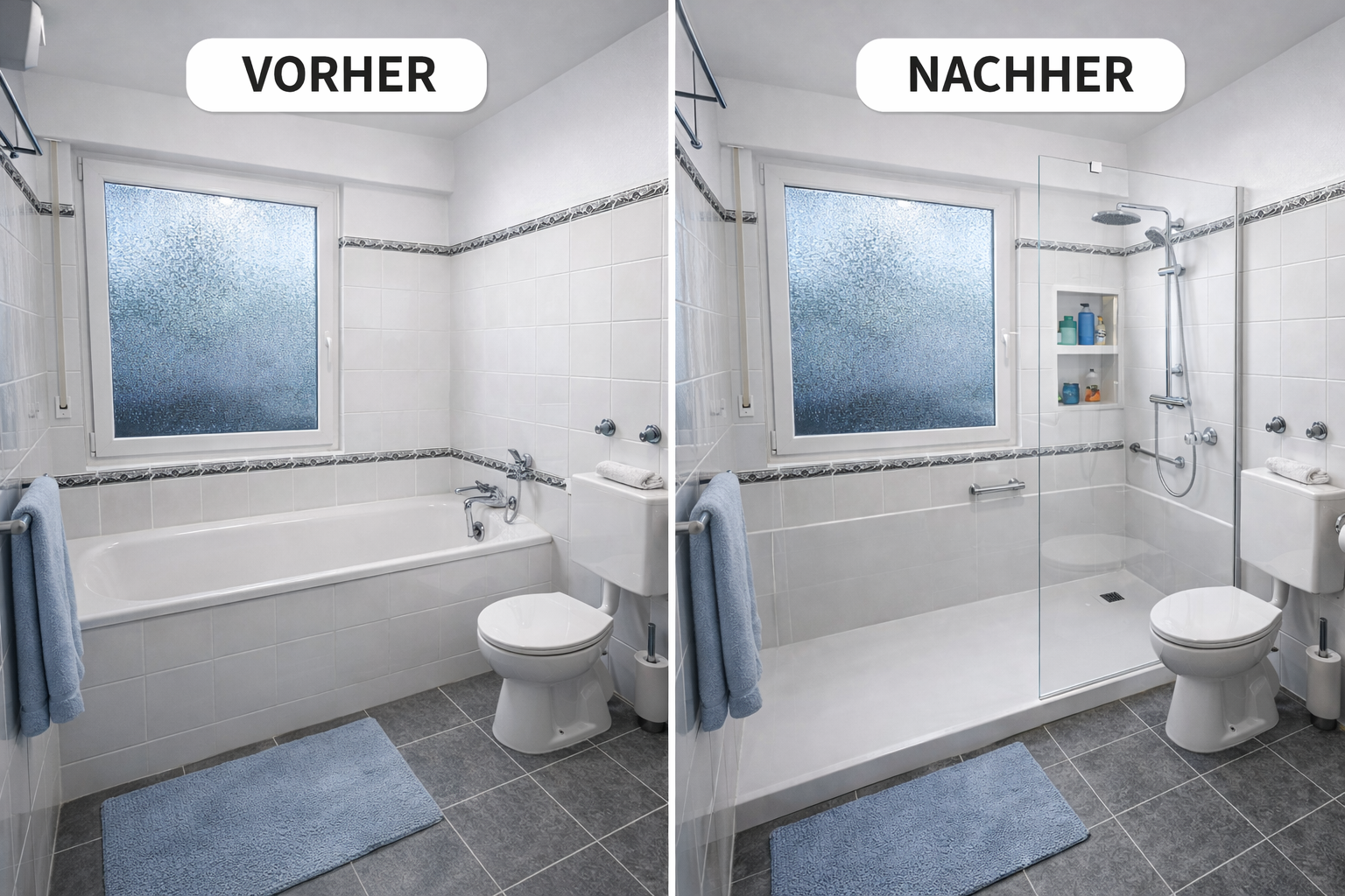 Vorher-Nachher: Badewanne wird zur begehbaren Dusche mit Glasabtrennung